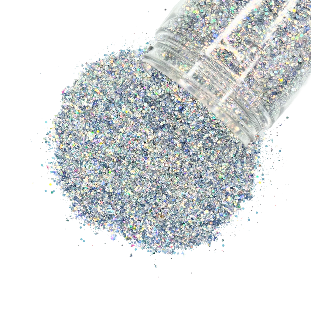silver super holographic custom multi-size/shape glitter mix for art, body, nails and more - PDB Creative Studio