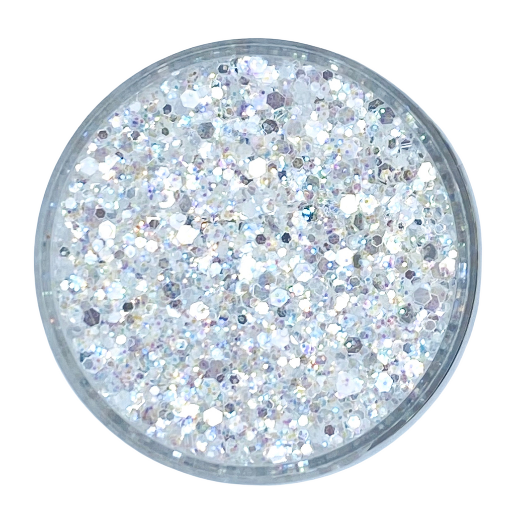 Translucent white opal with silver flash custom multi-size glitter mix for art, body, nails and more - PDB Creative Studio