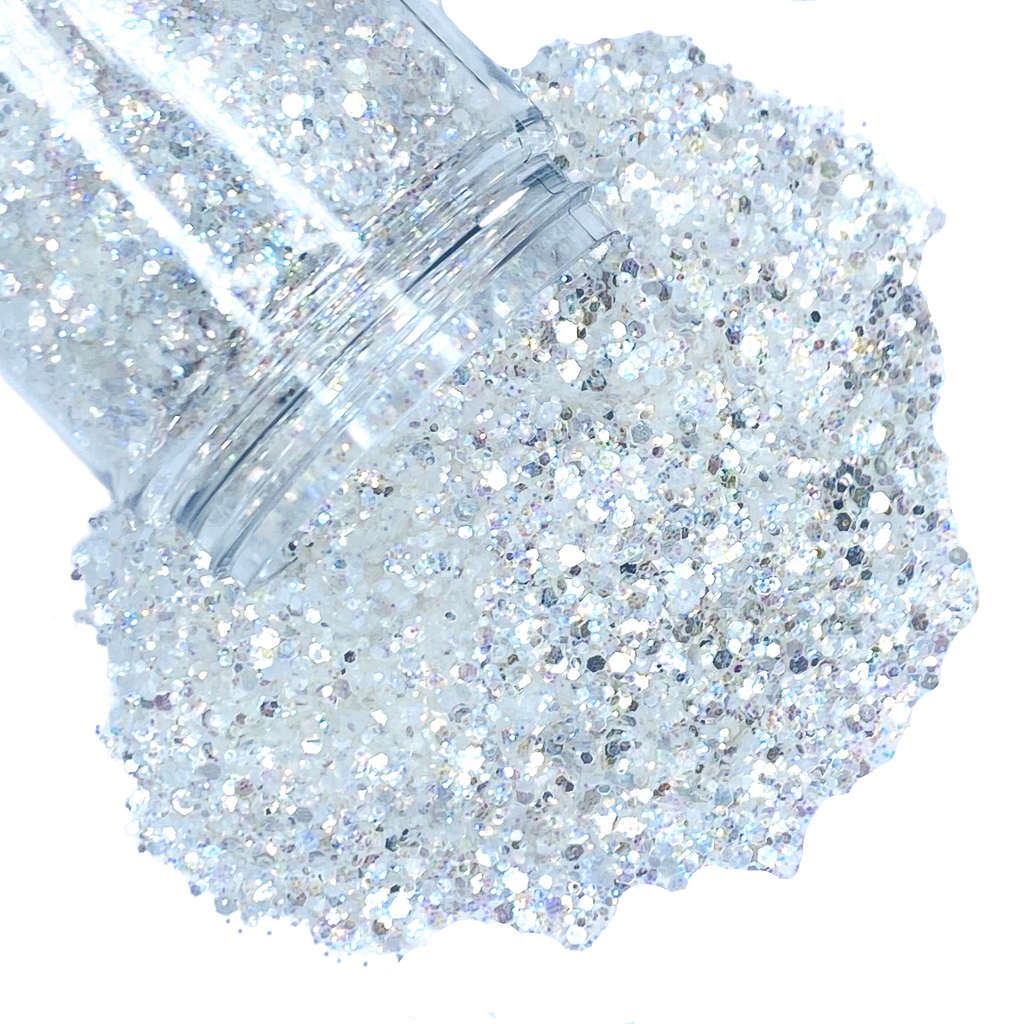 Translucent white opal with silver flash custom multi-size glitter mix for art, body, nails and more - PDB Creative Studio