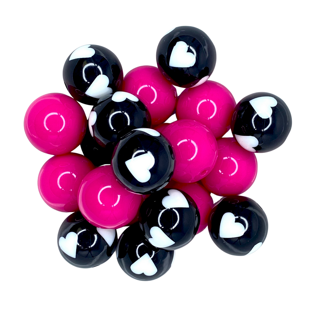 LOVE HEART 20MM BUBBLEGUM BEAD MIX - PINK AND BLACK HEART CUSTOM ASSORTED ACRYLIC BEAD MIX for bracelets, jewelry making, crafts, and more - PDB Creative Studio
