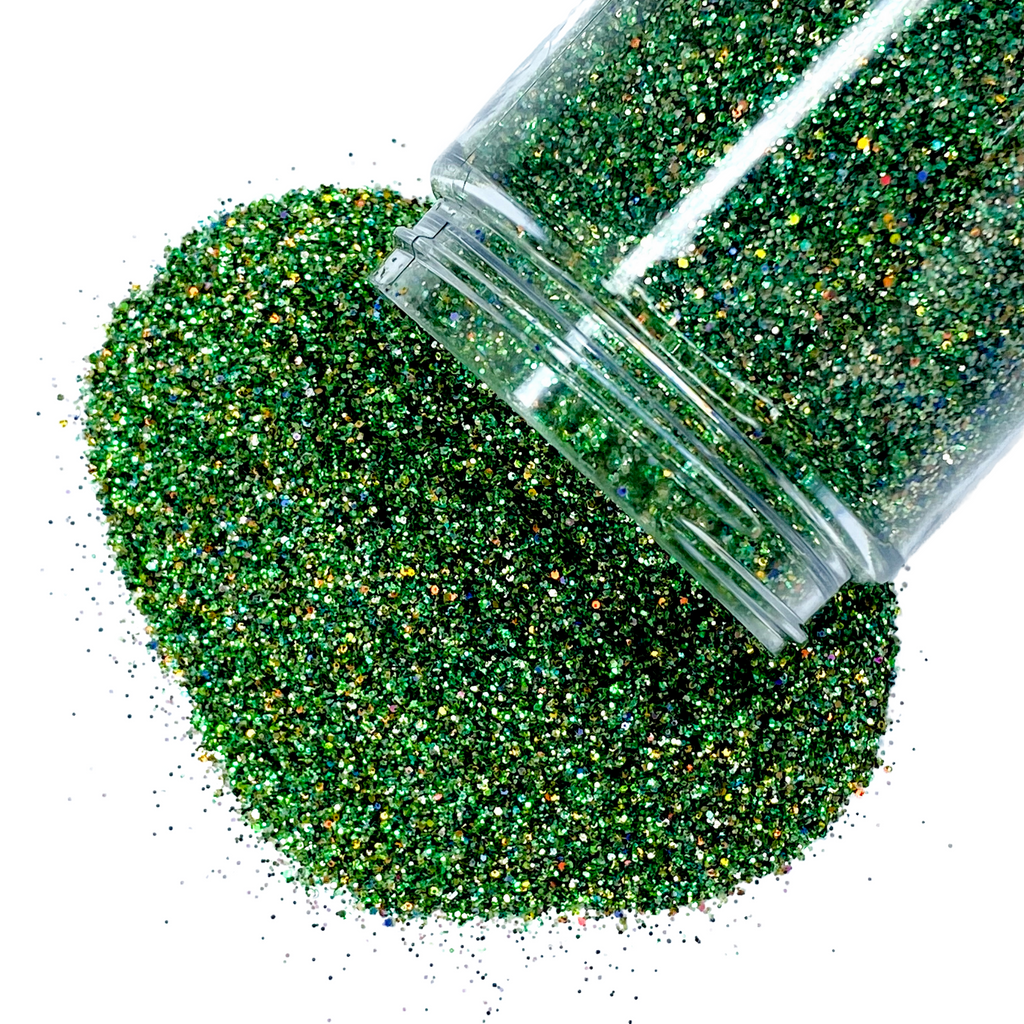 green holographic polyester custom glitter mix for art, body, nails and more - PDB Creative Studio