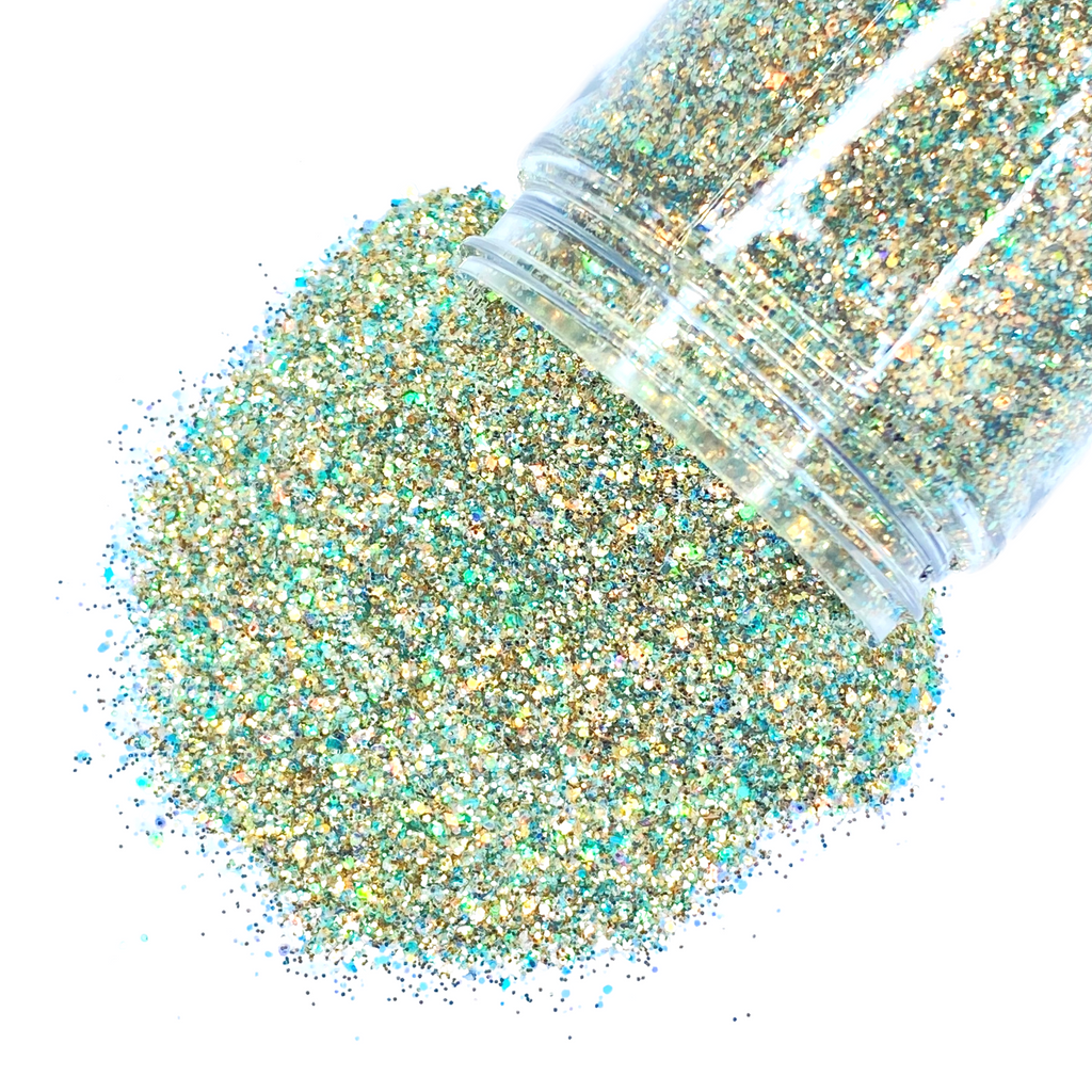 blue green and gold custom glitter colors for art, body, nails and more - PDB Creative Studio