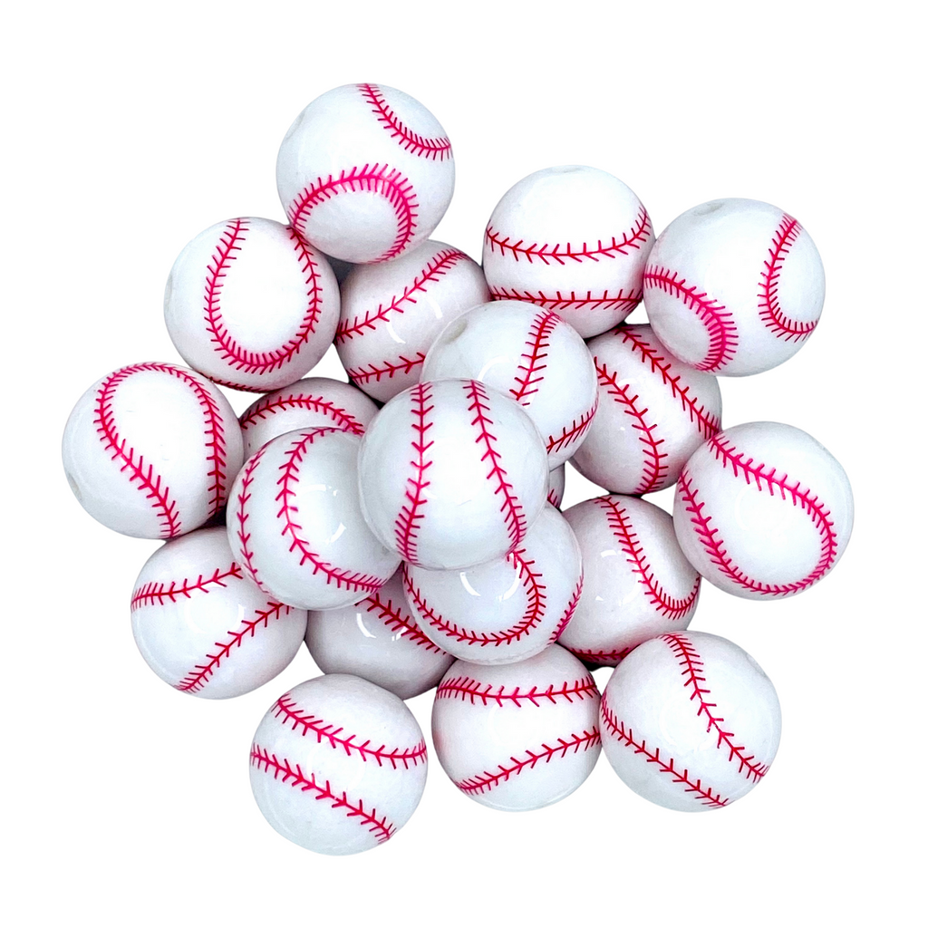 BASEBALL 20MM BUBBLEGUM BEAD MIX -WHITE AND RED PRINT ACRYLIC BEAD for bracelets, jewelry making, crafts, and more - PDB Creative Studio
