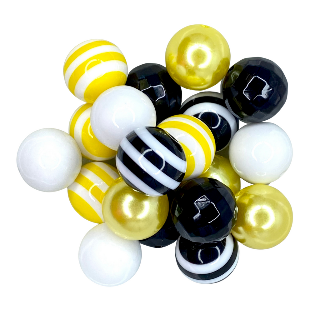 BUMBLE BEE  BUBBLEGUM BEAD MIX -  BLACK, YELLOW, AND WHITE CUSTOM ASSORTED ACRYLIC BEAD MIX for bracelets, jewelry making, crafts, and more - PDB Creative Studio