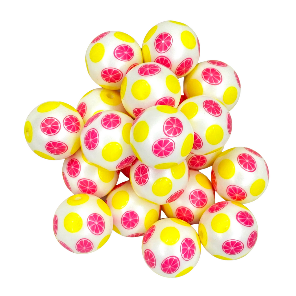 LEMONADE 20MM BUBBLEGUM BEAD - YELLOW AND PINK LEMON PRINTED ON WHITE ACRYLIC BEAD for bracelets, jewelry making, crafts, and more - PDB Creative Studio