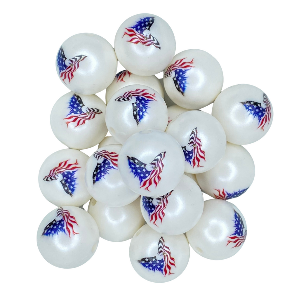  AMERICAN EAGLE 20MM BUBBLEGUM BEAD -WHITE BEAD WITH PRINTED AMERICAN FLAG EAGLE  20mm beads for bracelets, jewelry making, crafts, and more - PDB Creative Studio