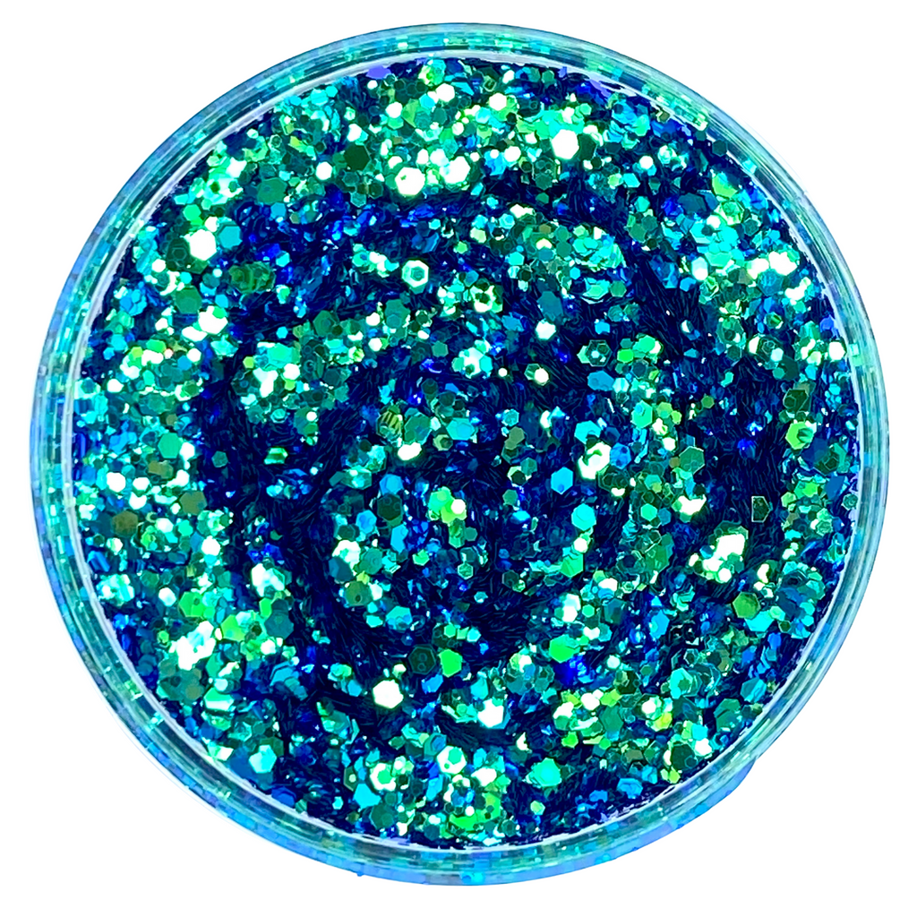 Blue green color shift polyester glitter for art, body, nails and more - PDB Creative Studio