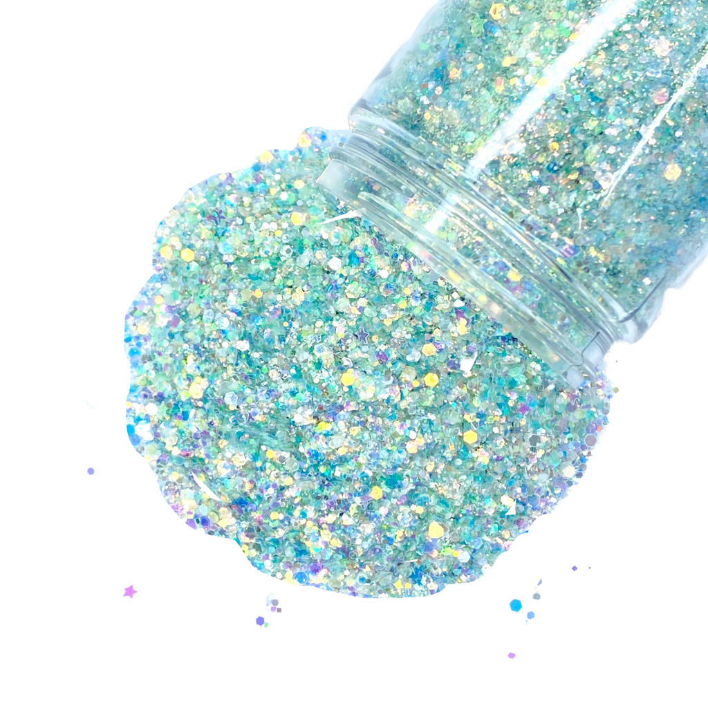green blue iridescent opal custom multi-size glitter mix for art, body, nails and more - PDB Creative Studio