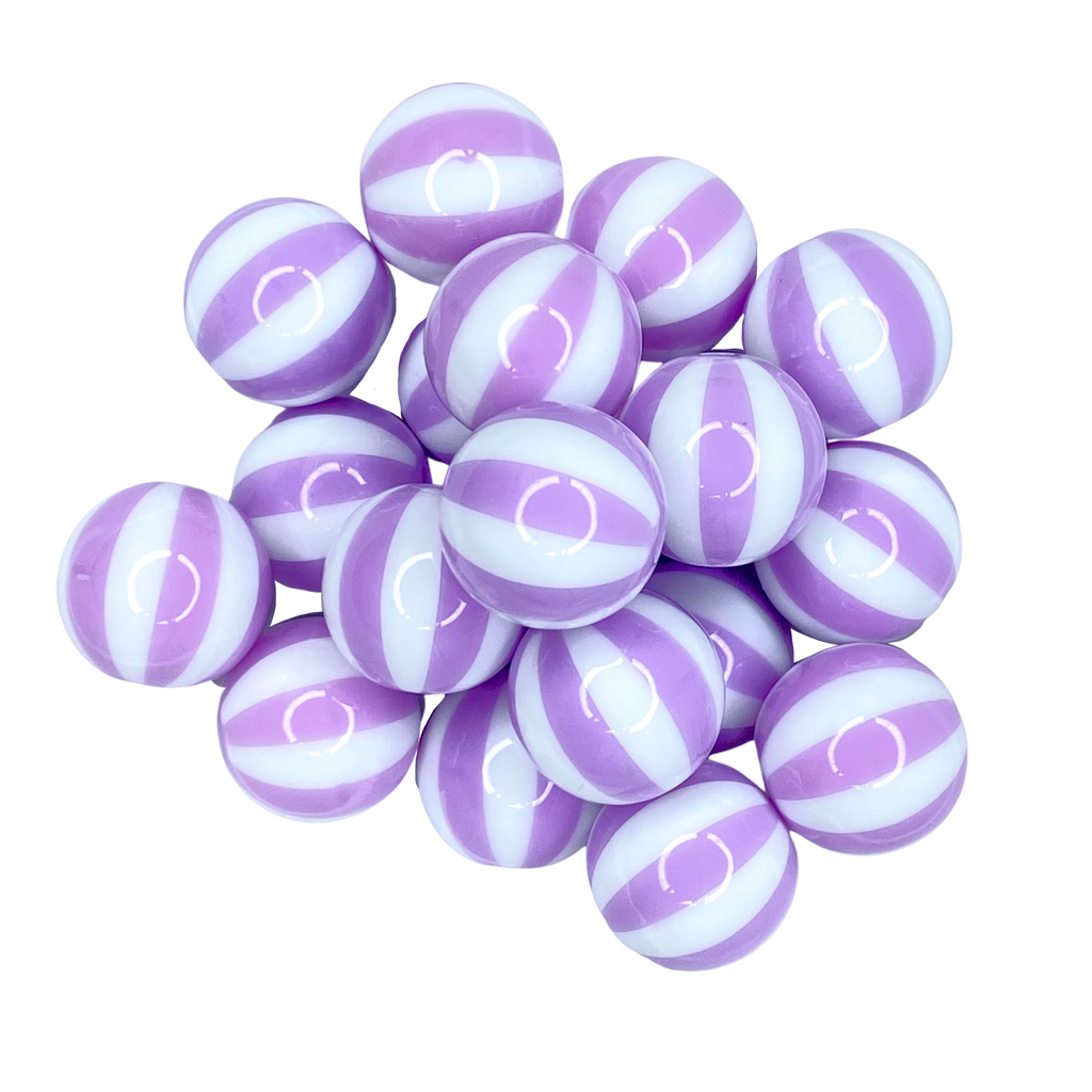 LAVENDER/ WHITE BEACH BALL 20MM BUBBLEGUM BEAD - PALE PURPLE  AND WHITE STRIPED ACRYLIC BEAD for bracelets, jewelry making, crafts, and more - PDB Creative Studio