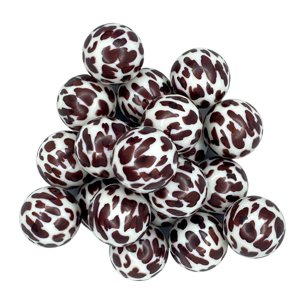 BROWN COW SPOTS 20MM BUBBLEGUM BEAD -  WHITE AND BROWN SPOTTED PRINTED ACRYLIC BEAD for bracelets, jewelry making, crafts, and more - PDB Creative Studio