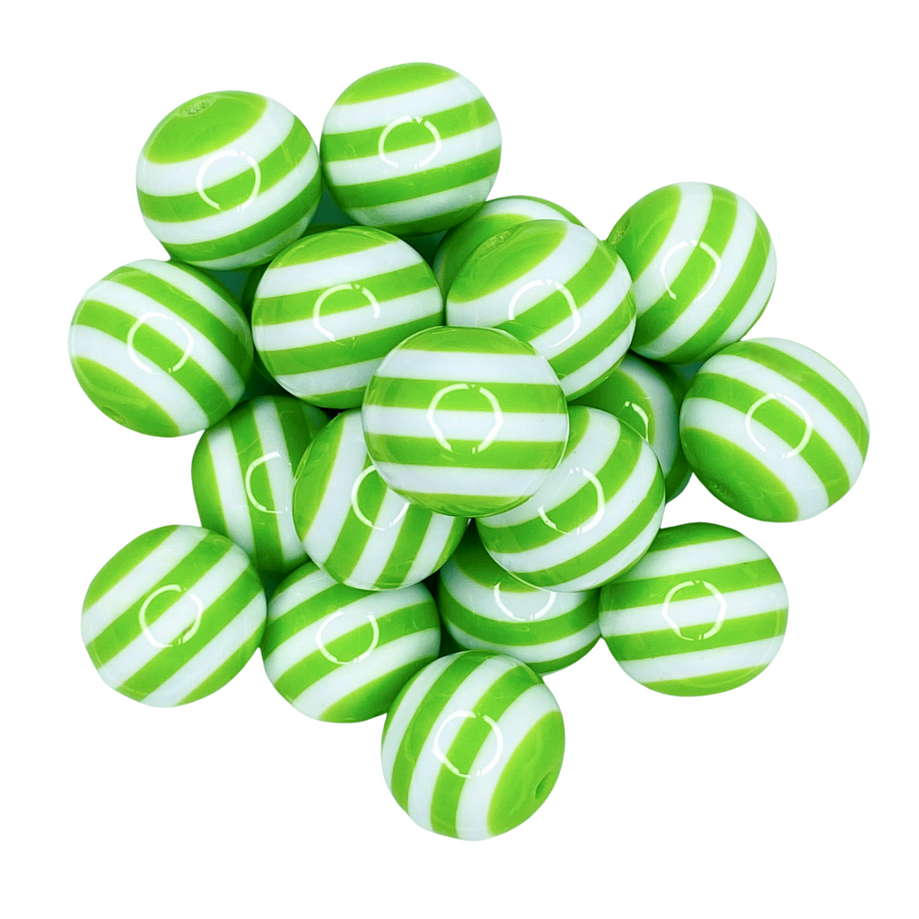 LIME/WHITE STRIPE 20MM BUBBLEGUM BEAD -GREEN AND WHITE STRIPE ACRYLIC BEAD for bracelets, jewelry making, crafts, and more - PDB Creative Studio