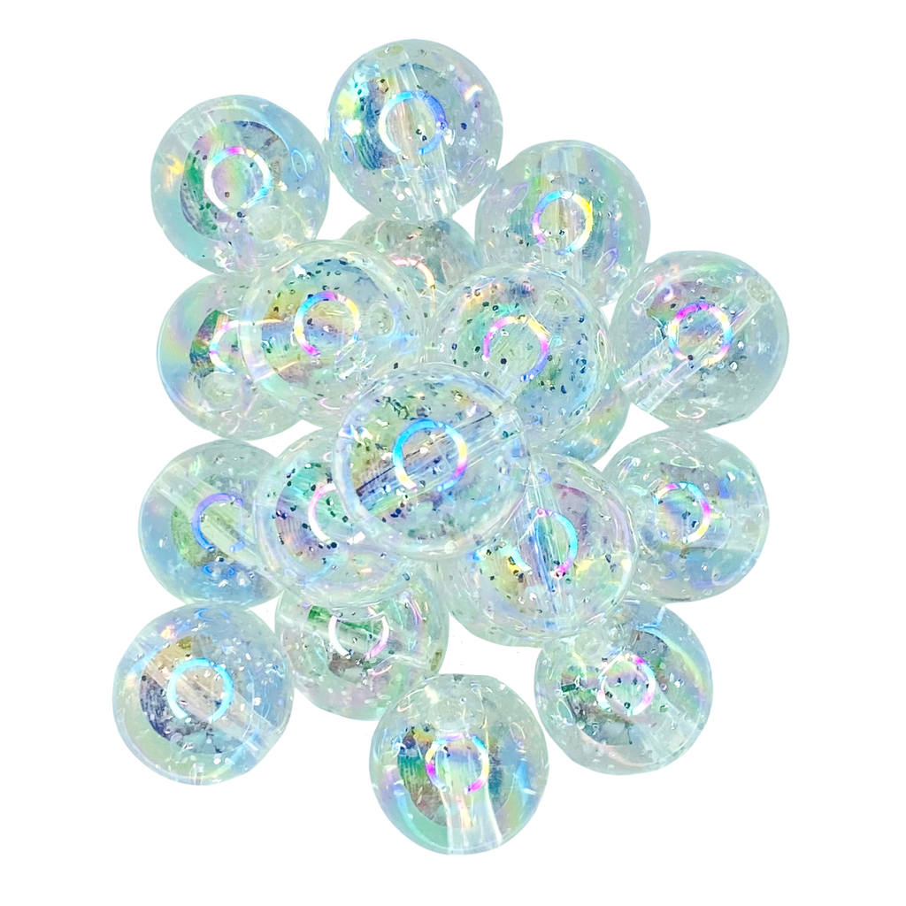 CLEAR GLITTER AB 20MM BUBBLEGUM BEAD - CLEAR AB COATED ACRYLIC BEAD WITH GLITTER for bracelets, jewelry making, crafts, and more - PDB Creative Studio