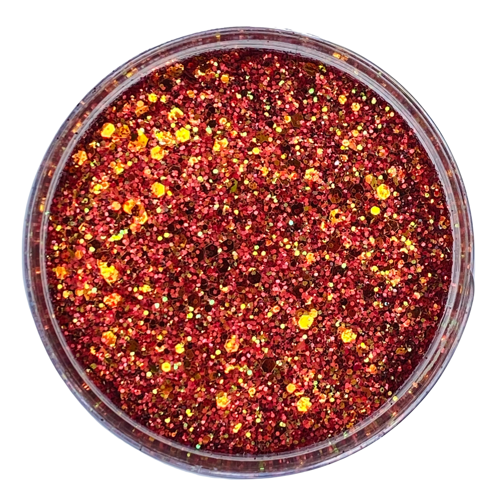 fiery red and gold custom multi-size glitter mix for art, body, nails and more - PDB Creative Studio