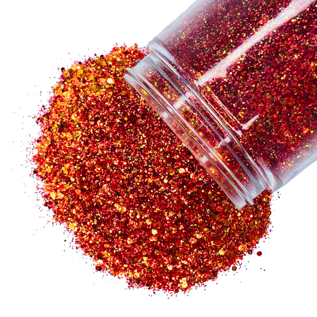 fiery red and gold custom multi-size glitter mix for art, body, nails and more - PDB Creative Studio