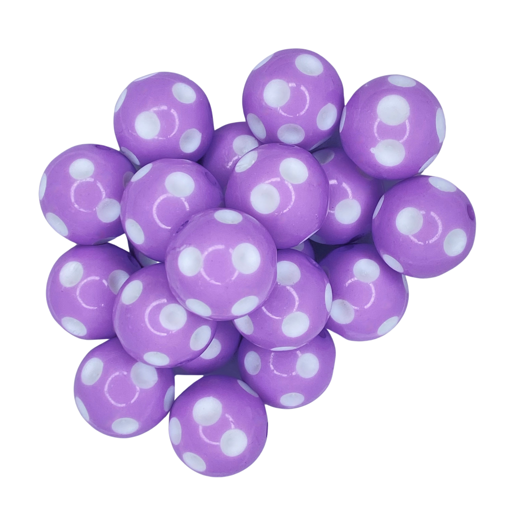 LAVENDER POLKA DOT 20MM BUBBLEGUM BEAD - PALE PURPLE  AND WHITE DOT SHAPED ACRYLIC BEAD for bracelets, jewelry making, crafts, and more - PDB Creative Studio