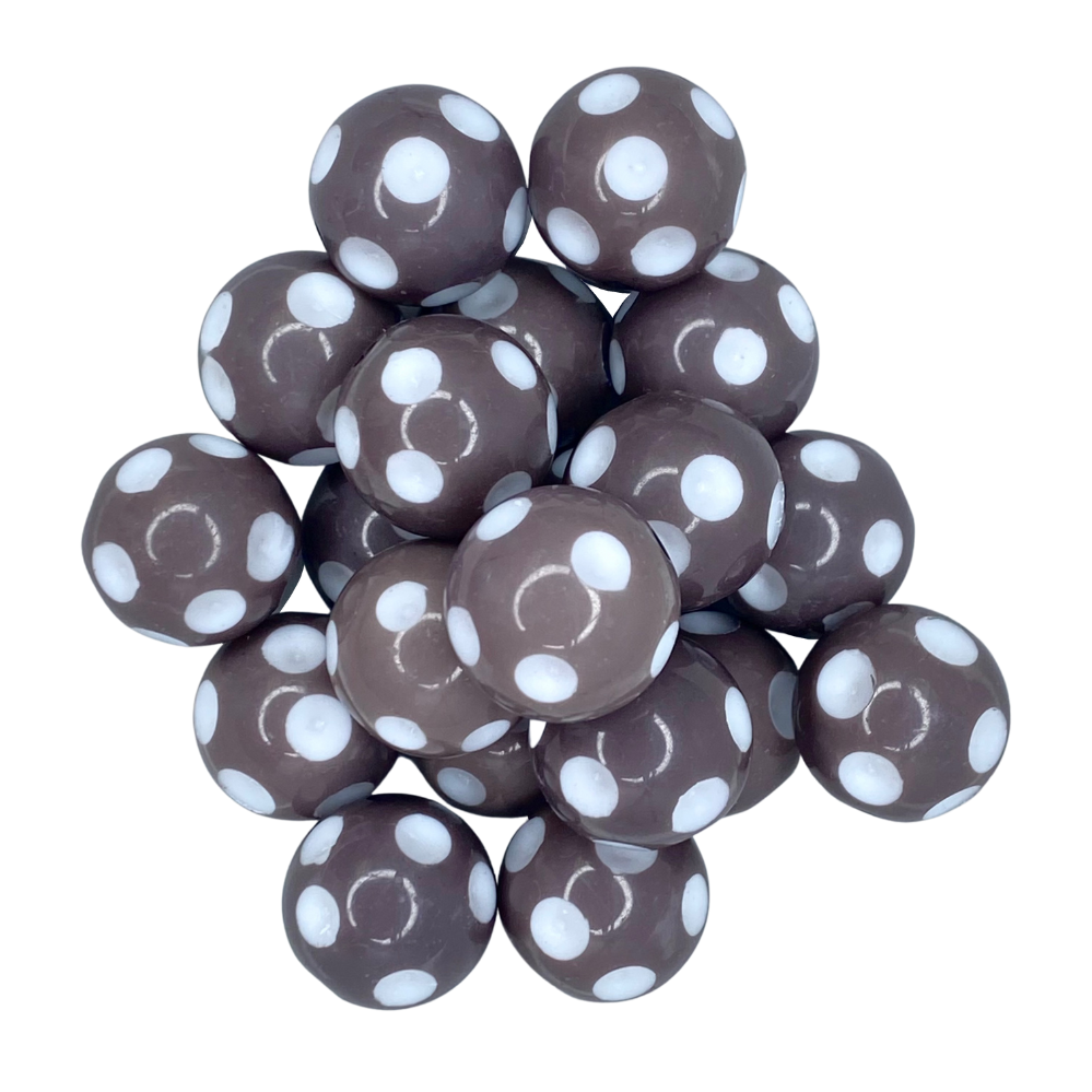 BROWN POLKA DOT 20MM BUBBLEGUM BEAD -  BROWN/GREY AND WHITE DOT SHAPED ACRYLIC BEAD for bracelets, jewelry making, crafts, and more - PDB Creative Studio