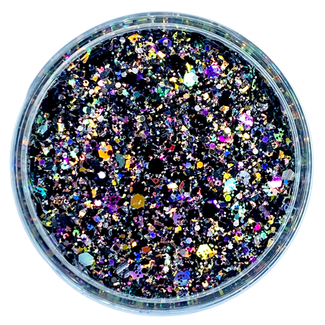 Black Holographic custom multi-size/shape glitter mix for art, body, nails and more - PDB Creative Studio