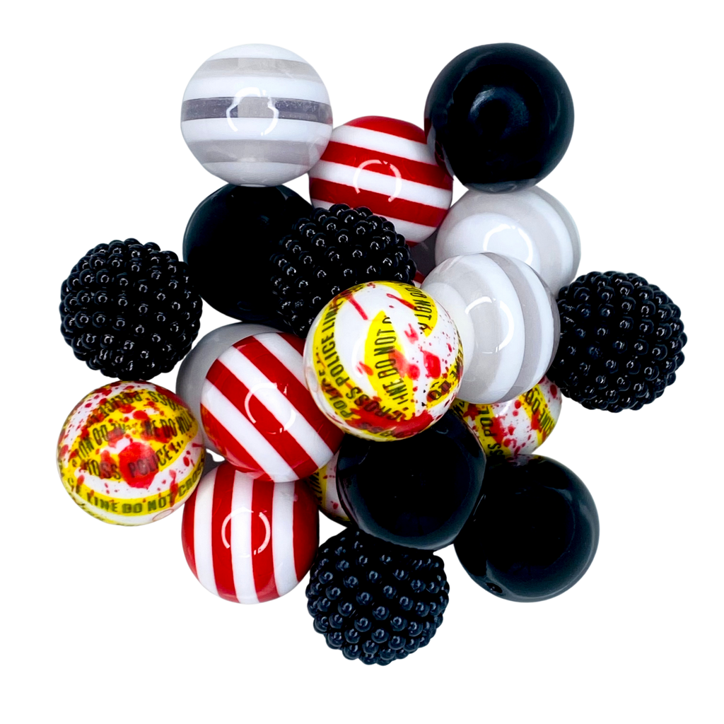 CRIME SCENE 20MM BUBBLEGUM BEAD MIX - BLACK, WHITE, RED TRUE CRIME TAPE CUSTOM ASSORTED ACRYLIC BEAD MIX for bracelets, jewelry making, crafts, and more - PDB Creative Studio