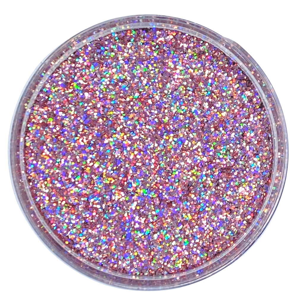 pink rose gold super holographic polyester glitter for art, body, nails and more - PDB Creative Studio