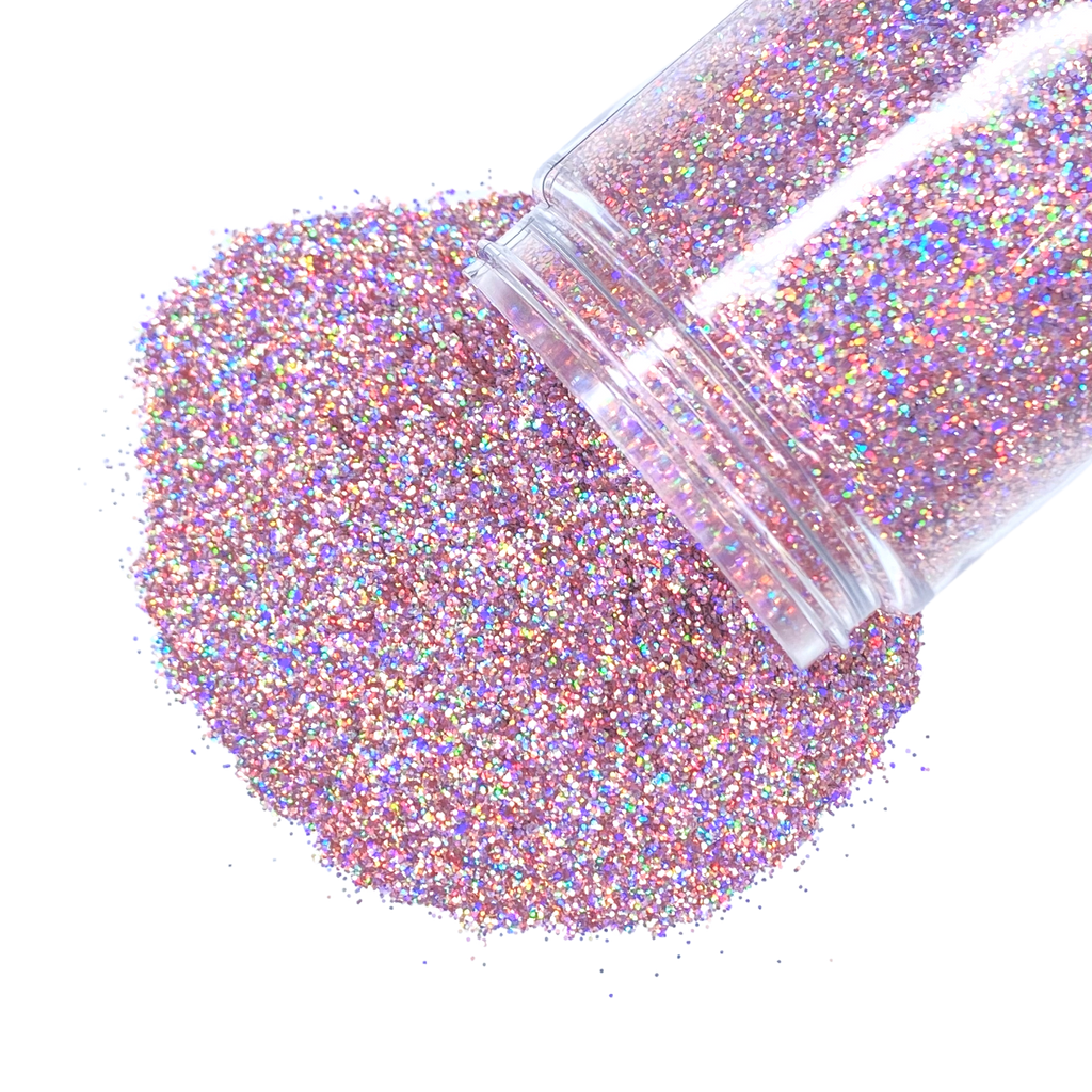 pink rose gold super holographic polyester glitter for art, body, nails and more - PDB Creative Studio
