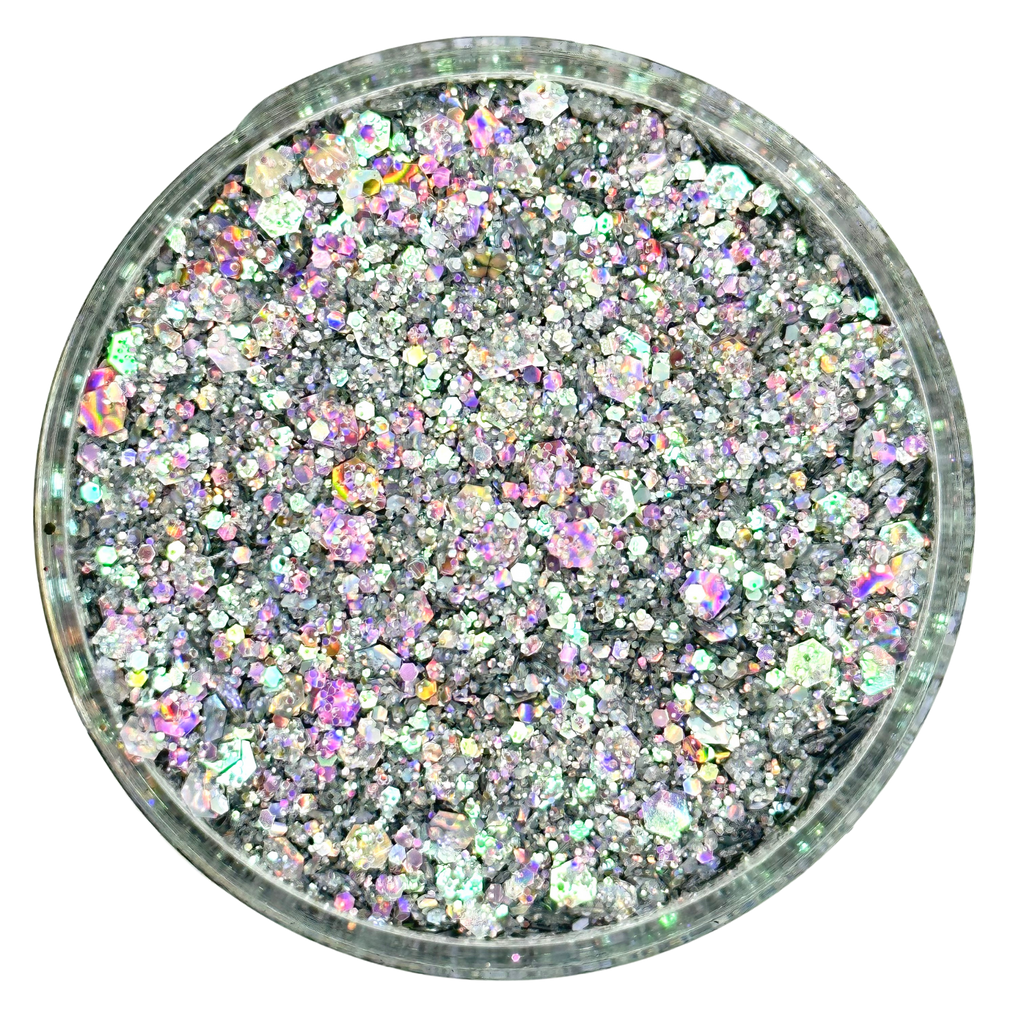 Silver holographic opal multi-size chunky custom glitter mix for art, body, nails and more - PDB Creative Studio