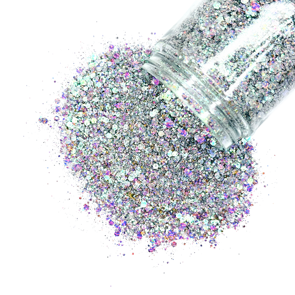 Silver holographic opal multi-size chunky custom glitter mix for art, body, nails and more - PDB Creative Studio