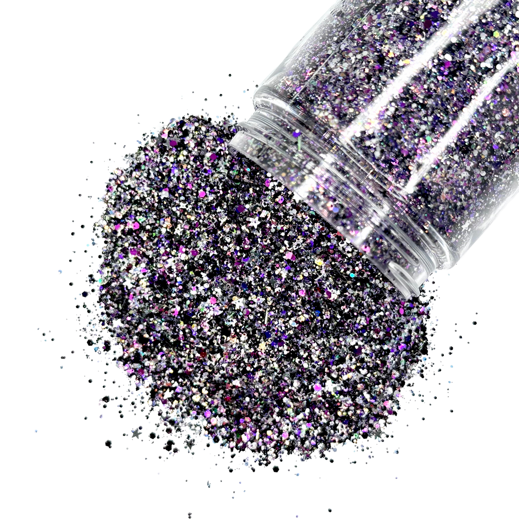 Black and purple holographic custom multi-size glitter mix for art, body, nails and more - PDB Creative Studio