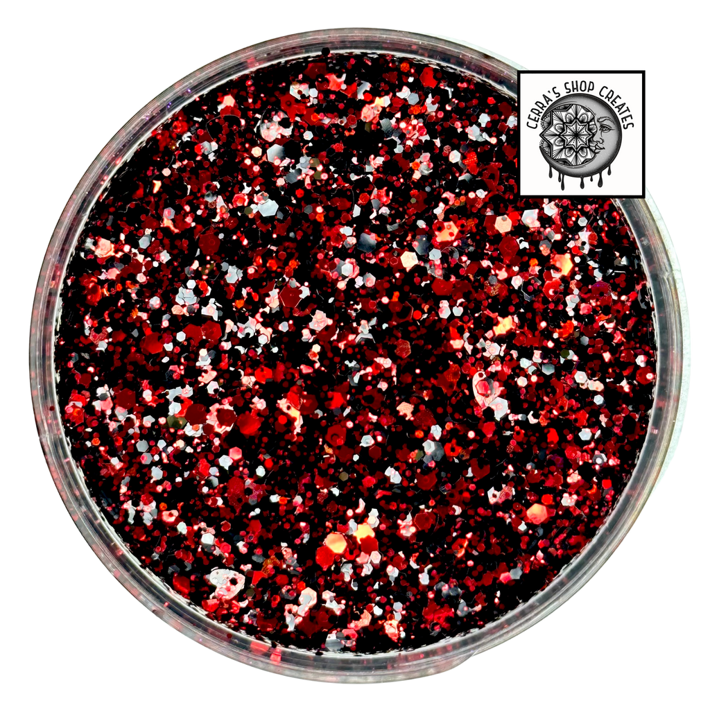 Red and black custom glitter multi-size mix for art, body, nails and more - PDB Creative Studio