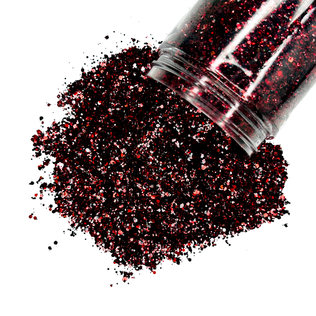 Red and black custom glitter multi-size mix for art, body, nails and more - PDB Creative Studio