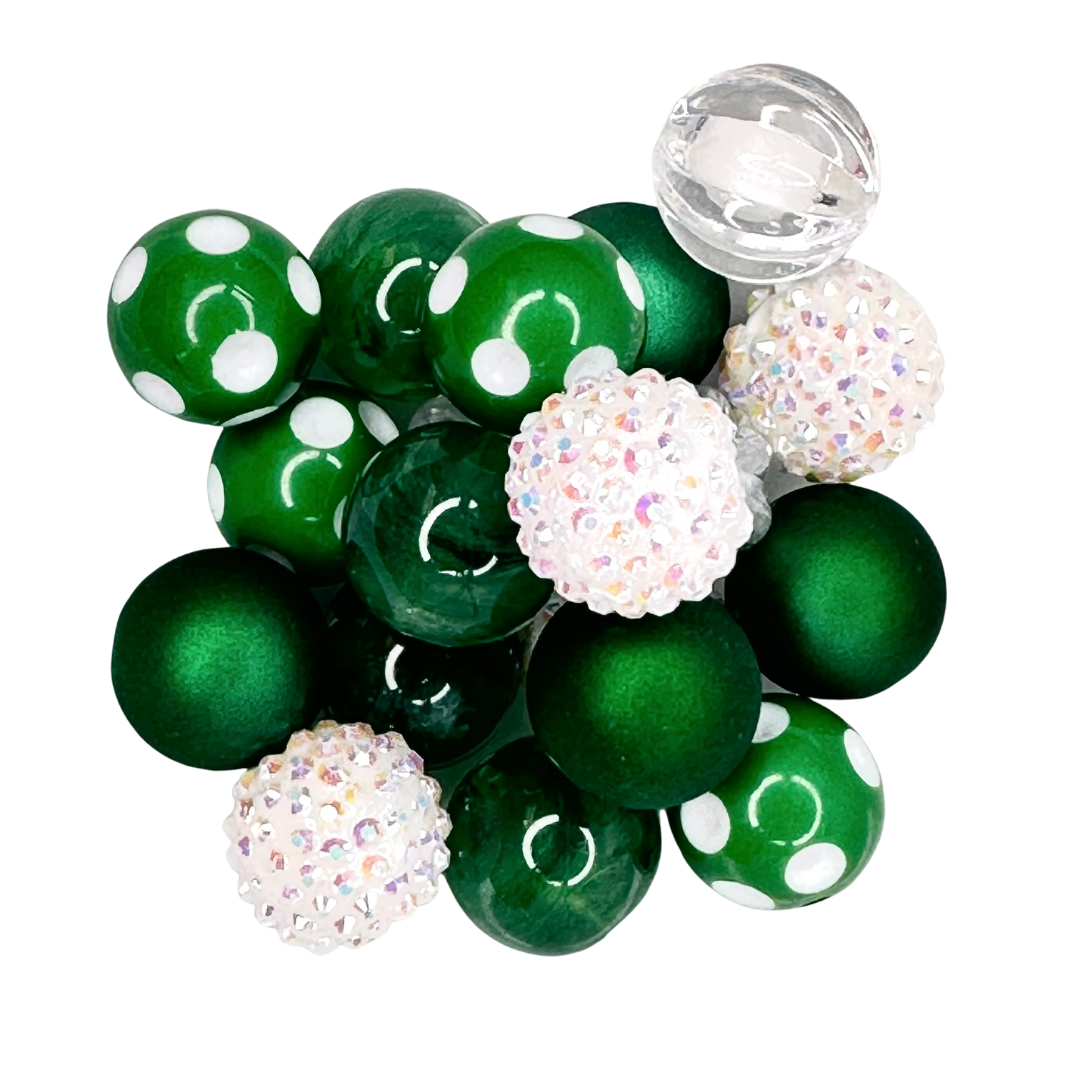 LUCKY 20MM BUBBLEGUM BEAD MIX - GREEN AND WHITE CUSTOM ASSORTED ACRYLIC BEAD MIX for bracelets, jewelry making, crafts, and more - PDB Creative Studio