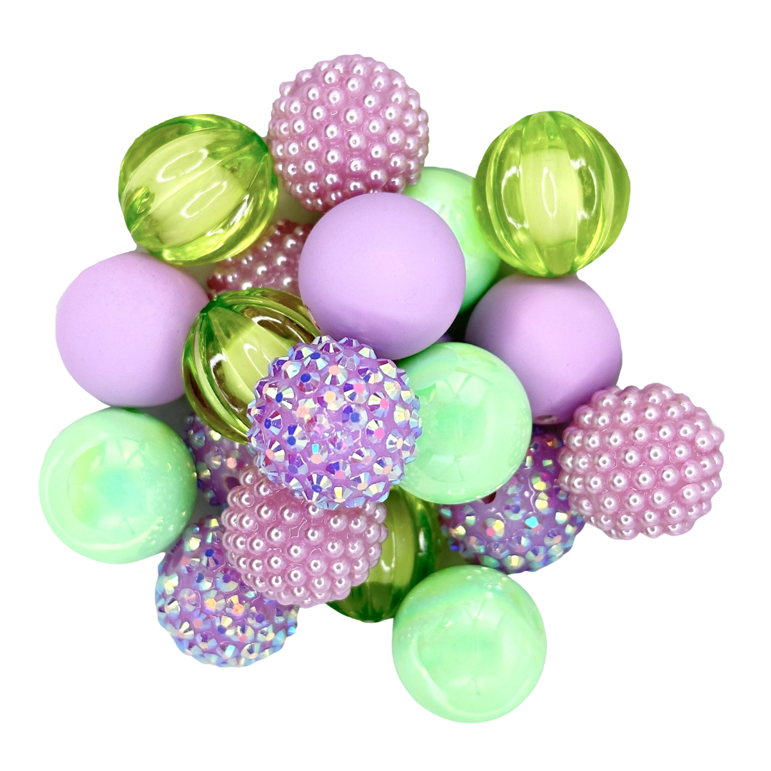 GARDEN PARTY 20MM BUBBLEGUM BEAD MIX - PURPLE AND GREEN CUSTOM ASSORTED ACRYLIC BEAD MIX for bracelets, jewelry making, crafts, and more - PDB Creative Studio