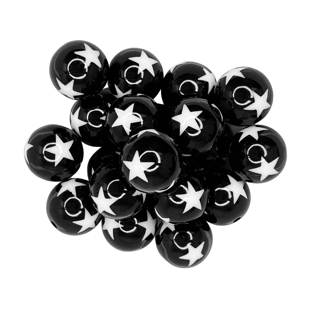 BLACK/WHITE STAR 20MM BUBBLEGUM BEAD-  BLACK AND WHITE STAR PRINT ACRYLIC BEAD for bracelets, jewelry making, crafts, and more - PDB Creative Studio