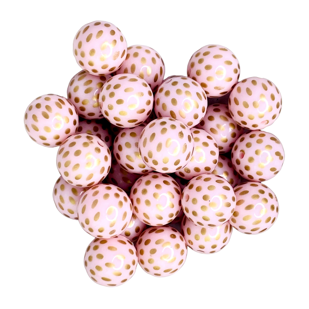 BLUSH/GOLD POLKA DOT 20MM BUBBLEGUM BEAD -  LIGHT PINK AND GOLD POLKA DOT PRINTED ACRYLIC BEAD for bracelets, jewelry making, crafts, and more - PDB Creative Studio