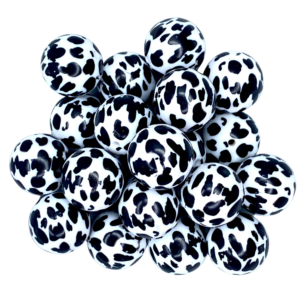 COW SPOTS 20MM BUBBLEGUM BEAD - WHITE AND BLACK SPOT PRINTED ACRYLIC BEAD for bracelets, jewelry making, crafts, and more - PDB Creative Studio