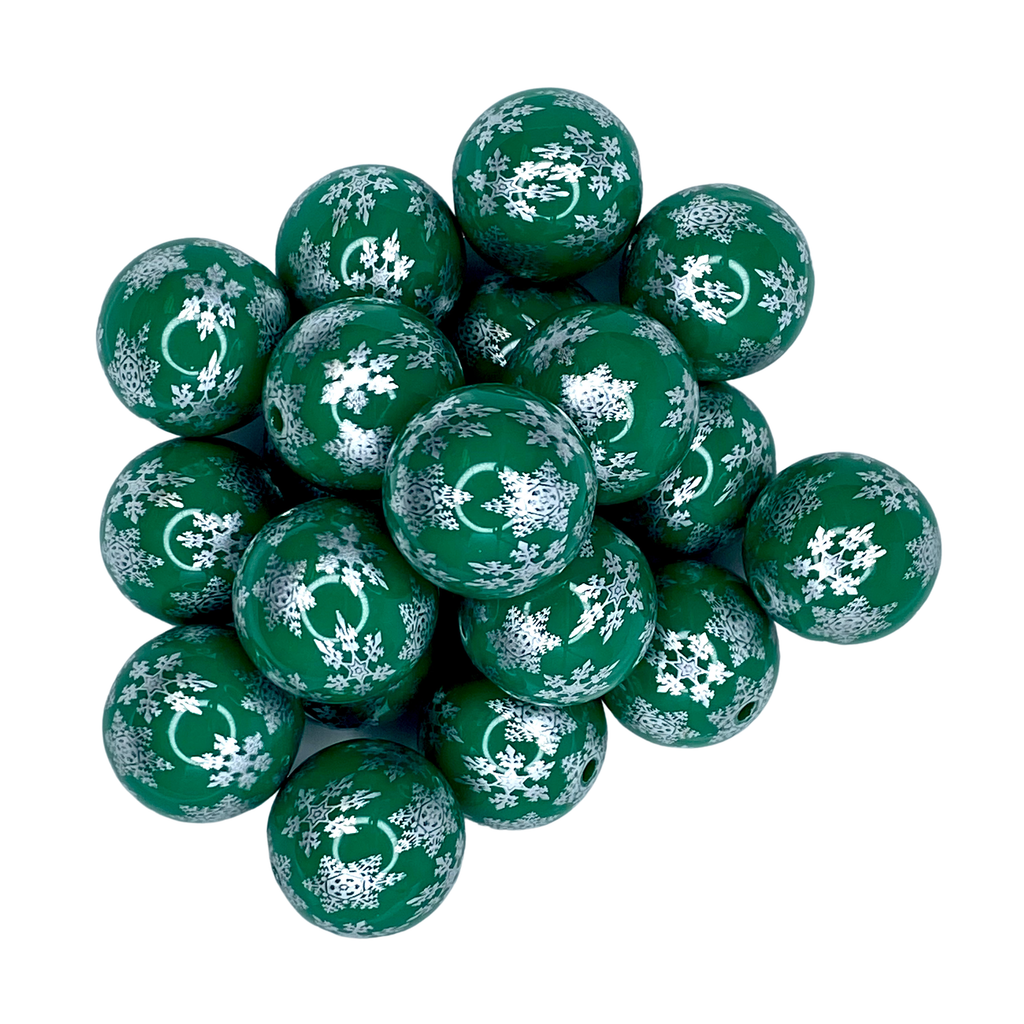 GREEN SNOWFLAKE 20MM BUBBLEGUM BEAD - GREEN AND SILVER CHRISTMAS PRINTED ACRYLIC BEAD for bracelets, jewelry making, crafts, and more - PDB Creative Studio