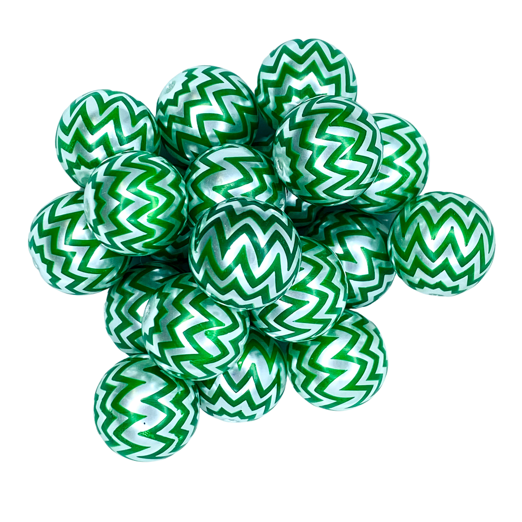 GREEN/SILVER CHEVRON 20MM BUBBLEGUM BEAD - GREEN AND SILVER CHEVRON PRINTED ACRYLIC BEAD for bracelets, jewelry making, crafts, and more - PDB Creative Studio
