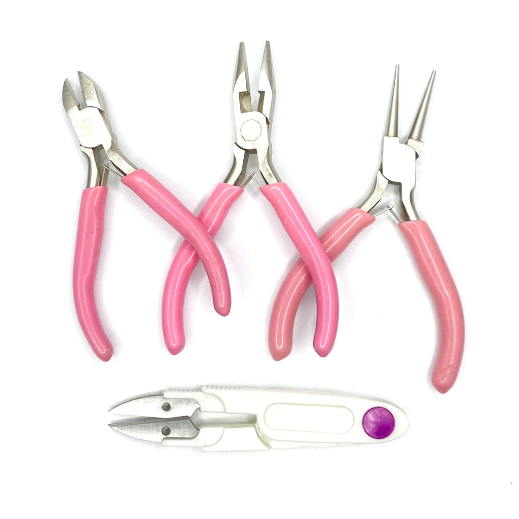 JEWELRY MAKING TOOLS- METAL TOOLS WITH PINK HANDLES IN PLASTIC CASE for bracelets, jewelry making, crafts, and more - PDB Creative Studio