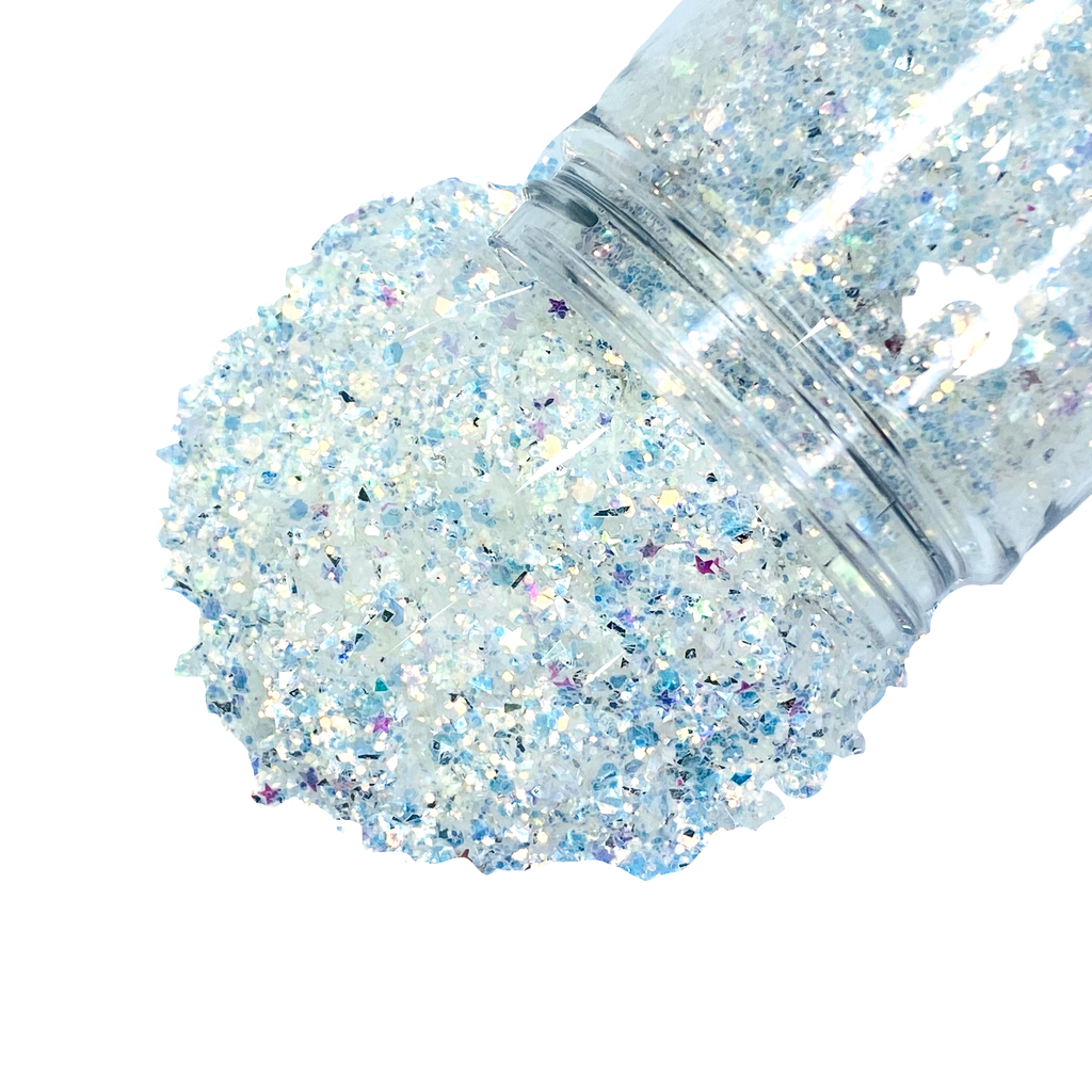 white opal silver flash custom glitter mix for art, body, nails and more - PDB Creative Studio