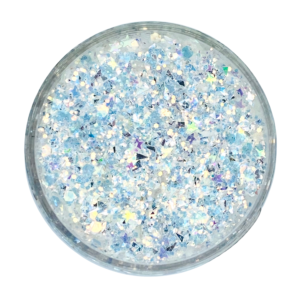 white opal silver flash custom glitter mix for art, body, nails and more - PDB Creative Studio